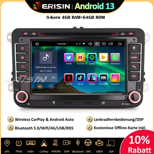 Erisin ES8548V 8-Kern Android 13 Car Stereo Sat Nav CarPlay DAB+ Android Auto OPS RDS For VW Polo T5 Passat Golf 5/6 T5 Caddy Tiguan Touran Seat Skoda