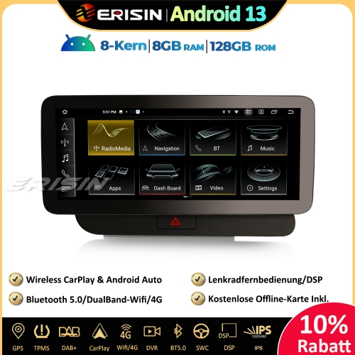 Erisin ES4675QL 12.3" Android 13 Autoradio GPS Navigation Für Audi Q5 2009-2016 Niedrige Konfiguration Unterstützt  CarPlay Android Auto DAB+ Canbus