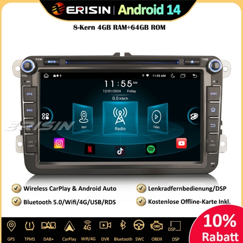 Erisin ES8915V 8-Core 8" Android 14 Car Stereo Sat Nav CarPlay WiFi DAB+ OPS CD For VW T5 Polo Golf 5/6 Caddy Sharan Tiguan Passat Seat