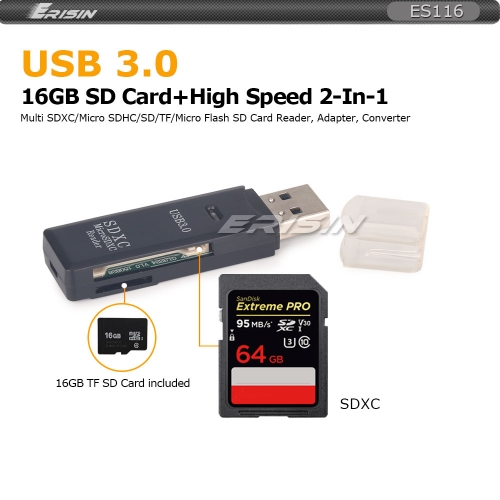 Erisin ES116 Free 16GB TF + USB 3.0 Lecteur de carte mémoire 2 en 1 Adatper TF SD / Micro SD / SDHC / SDXC