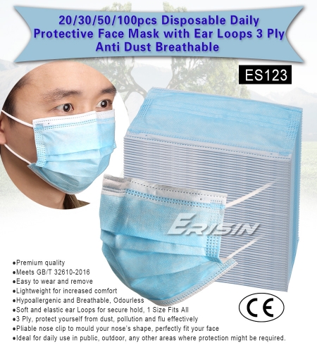 Erisin Face Mask ES123 30 pcs Disposable Daily Protectivewith Ear Loops 3 Ply Air Anti-Dust Breathable CE