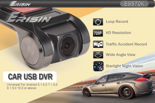 Erisin ES570K 120 ° 720P USB voiture DVR HD enregistreur de tableau de bord avant caméra pour Android 5.1-10.0 Autoradio 16G TF carte SD Vision noctur