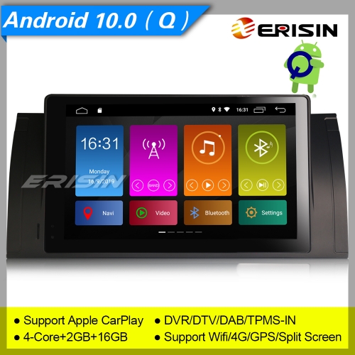 Erisin ES3193B GPS CarPlay Android 10.0 BMW Autoradio E53 X5 E39 5er M5 SWC DAB+TNT BT 4G 9" TPMS DVR OBDII Mirror Link Bluetooth Split 4G CAM