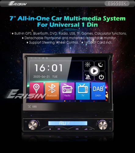 Erisin ES6588K 7" Detachable 1 Din DAB+Car Stereo Car DVD PlayerRadio USB SD GPS Bluetooth RDS DTV SatNavi