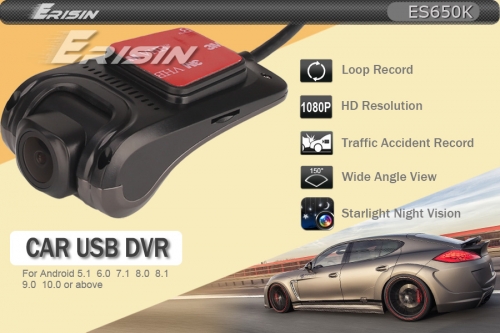 Erisin ES650K DVR Camera Car Dash USB For Android 5.1-10.0 Car Stereo DVD Sat Navi 1080P HD 150° Night Vision With 16GB TF SD Card