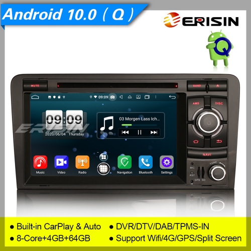 CarPlay DSP Android 10.0 Car DVD Player Audi A3 S3 RS3 RNSE-PU DAB+ TPMS 2-UI 8737 7" Erisin ES8737A