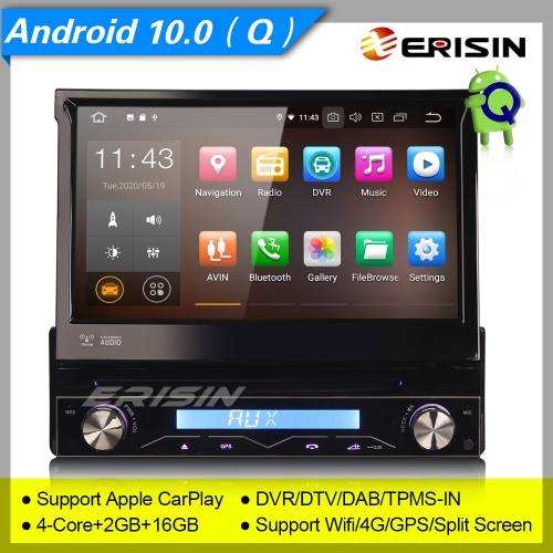 2+16GB PX30 Android 10.0 1 Din Autoradio Amovible Antivol DAB+ Car DVD TPMS CarPlay SWC Bluetooth TNT GPS TPMS 4G DVR 7" Erisin ES5188U