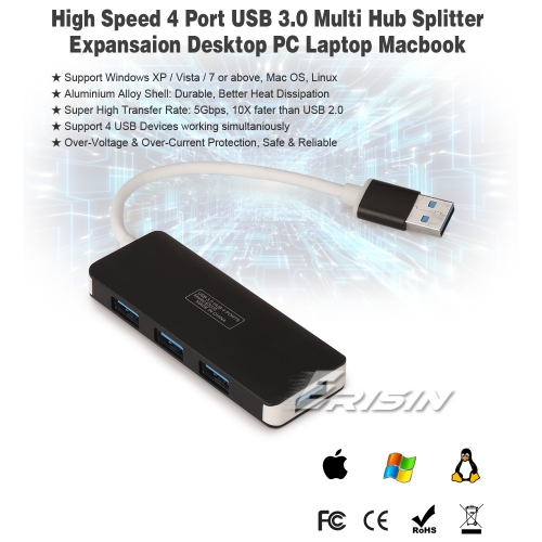 Erisin ES335 USB 3.0 High Speed 4 Port Multi Hub Splitter Expander Ordinateur de bureau Ordinateur portable Alliage d'aluminium