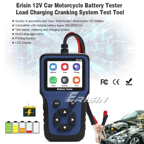 12V Car Battery Tester CE Load Charging Cranking System Test Tool Analyzer 100~2000CCA Erisin ES392