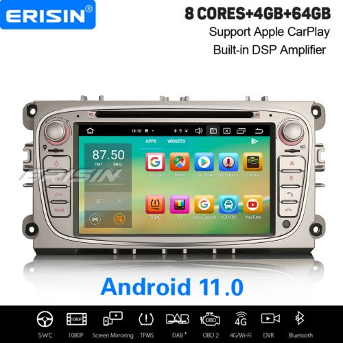 4+64GB DSP 8 Core CarPlay Android 11 Ford Car DVD Player Focus Mondeo C-Max S-Max Galaxy DAB+ Radio Sat Navi Car Stereo TPMS DVR BT7" Erisin ES8109FS