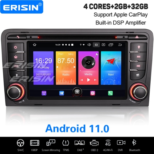 2+32GB 4 Core Android 11 Car DVD Player AUDI A3 S3 RS3 RNSE-PU 2003-2011 DAB+ Radio Car Stereo Sat Navi TPMS SWC DVR BT 7” Erisin ES2747A