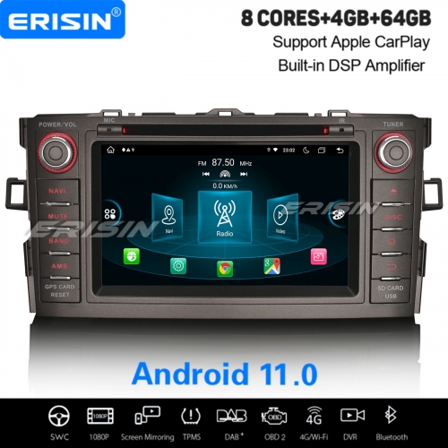 8-Cœur Android 11.0 IPS 64GB Autoradio 8-UI CarPlay WiFi 4G OBD2 TPMS DAB+ Navi pour Toyota Auris Corolla Altis ES8904A