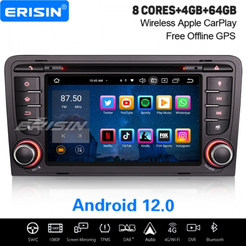 8-Cœur Android 12.0 64Go Autoradio DAB+ Navi pour AUDI A3 S3 RS3 RNSE-PU CarPlay&Android Auto WiFi 4G IPS DSP OBD2 TPMS Bluetooth 5.0 ES8547A