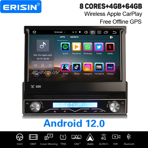 8-Core Android 12.0 4GB+64GB Universal 1 DIN Car Stereo DAB+ GPS Radio CD CarPlay&Android Auto WiFi 4G IPS DSP OBD2 TPMS DVR USB Bluetooth 5.0 ES8588U