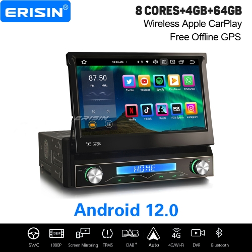 8-Core Android 12.0 64GB Universal 1 DIN Car Stereo DAB+ Satnav CarPlay&Android Auto WiFi 4G IPS DSP OBD2 TPMS Bluetooth 5.0 Anti-Theft ES8568U