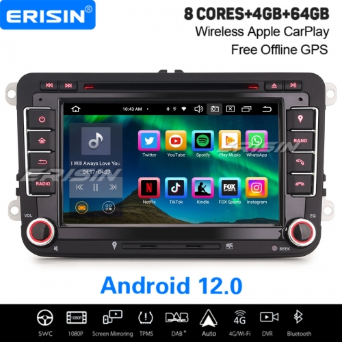 8-Core Android 12 64GB Car Stereo DAB+ Satnav For VW Passat Golf 5/6 Tiguan T5 Jetta Skoda SEAT CarPlay&Auto WiFi DSP OBD2 TPMS Bluetooth 5.0 ES8548V
