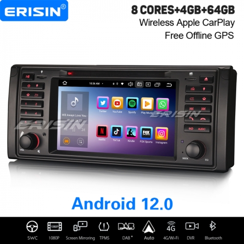 8-Core Android 12.0 64GB Car Stereo DAB+ Satnav For BMW 5 Series E39 M5 CarPlay&Android Auto WiFi 4G IPS DSP OBD2 TPMS Bluetooth 5.0 ES8539B