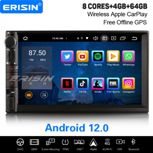 8-Core Android 12.0 64GB Universal Double 2 DIN Car Stereo DAB+ Satnav CarPlay&Android Auto WiFi 4G IPS DSP OBD2 TPMS Bluetooth 5.0 For Nissan ES8549U