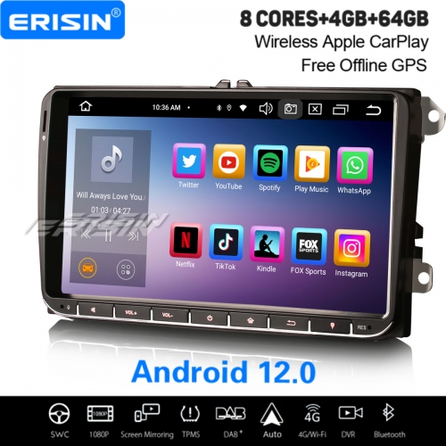 8-Core Android 12.0 64GB Car Stereo DAB+ Satnav For VW Passat CC Golf 5/6 Polo Jetta Skoda SEAT CarPlay&Auto WiFi DSP OBD2 TPMS Bluetooth 5.0 ES8528V