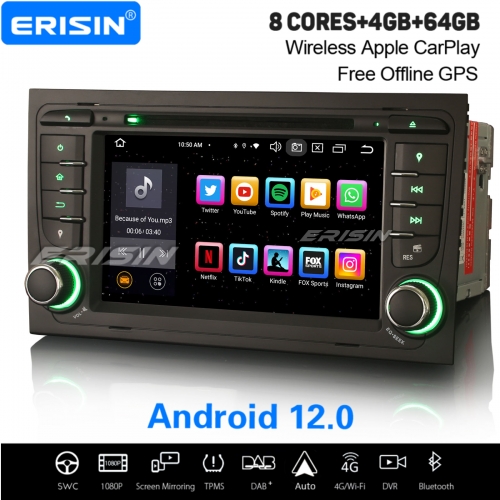 8-Cœur Android 12 64Go Autoradio DAB+ Navi pour AUDI A4 S4 RS4 8E B9 B7 RNS-E, SEAT EXEO CarPlay&Auto WiFi 4G IPS DSP OBD2 TPMS Bluetooth 5.0 ES8578A