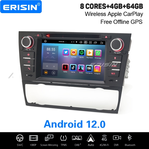 8-Cœur Android 12.0 64Go Autoradio DAB+ Navi pour BMW Série 3 E90 E91 E92 E93 CarPlay&Android Auto WiFi 4G IPS DSP OBD2 TPMS Bluetooth 5.0 ES8567B