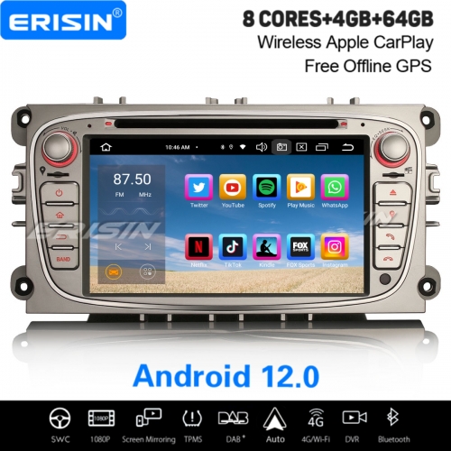 8-Cœur Android 12.0 64Go Autoradio DAB+ Navi pour Ford Mondeo Focus S-Max C-Max Galaxy CarPlay&Auto WiFi OBD TPMS Bluetooth 5.0 ES8509FS