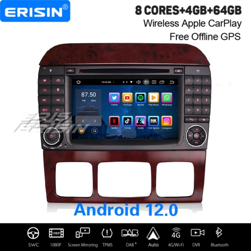 8-Cœur Android 12 64Go Autoradio DAB+ Navi pour Mercedes-Benz S/CL-Class W220 W215 CarPlay&Android Auto WiFi 4G IPS DSP OBD TPMS Bluetooth 5.0 ES8582S