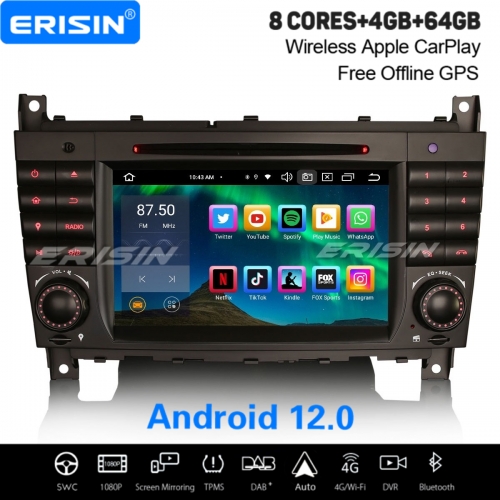 8-Core 64GB Android 12 Car Stereo DAB+ Satnav For Mercedes-Benz C/CLC/G-Class W203 W463 CarPlay&Auto WiFi 4G IPS DSP OBD2 TPMS Bluetooth 5.0 ES8569C