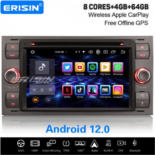 8-Cœur 64Go Android 12 Autoradio DAB+ Navi pour FORD C/S-Max Transit Fiesta Focus Mondeo CarPlay&Android Auto WiFi IPS OBD TPMS Bluetooth 5.0 ES8566FG