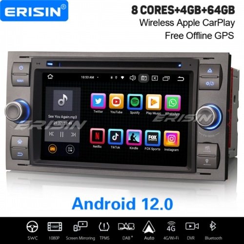 8-Cœur 64Go Android 12 Autoradio DAB+ Navi pour FORD C/S-Max Transit Connect Focus Kuga CarPlay&Android Auto WiFi IPS OBD2 TPMS Bluetooth 5.0 ES8566FB