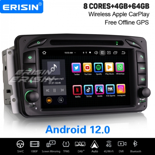 8-Cœur 4+64Go Android 12 Autoradio DAB+ Navi pour Mercedes Benz C/CLK/G/A-Classe C209 W203 Viano Vito CarPlay&Android Auto WiFi Bluetooth 5.0 ES8563C