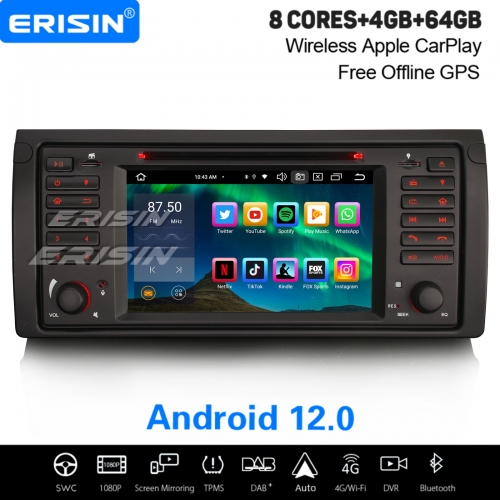 8-Core 4GB+64GB Android 12.0 Car Stereo DAB+ Satnav For BMW X5 E53 CarPlay&Android Auto WiFi 4G IPS DSP DVB-T DVR OBD2 TPMS Bluetooth 5.0 A2DP ES8553B