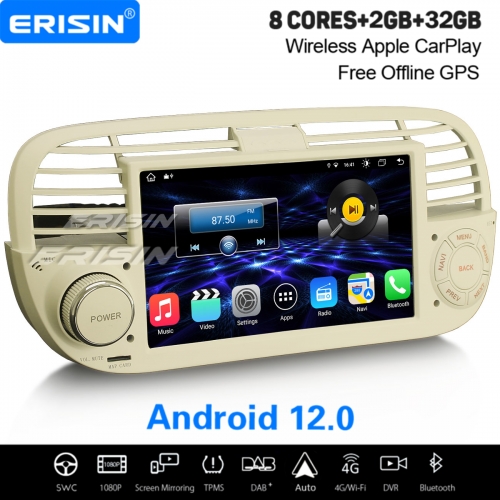 8-Cœur 2Go+32Go Android 12 Autoradio DAB+ GPS Navi Pour Fiat 500 2008-2015 CarPlay&Android Auto WiFi 4G DSP OBD2 TPMS TNT DVR Bluetooth A2DP ES8650FW