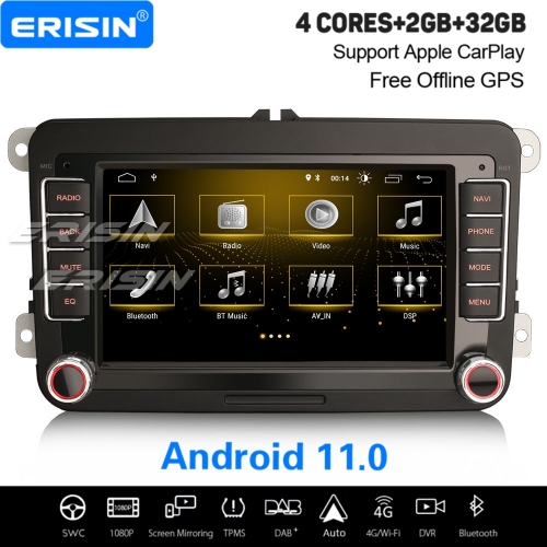 2Go+32Go Android 11 Autoradio DAB+ GPS Navi Pour VW Passat CC Golf 5/6/Plus Jetta Caddy SEAT Skoda Apple CarPlay WiFi DSP OBD2 DVR Bluetooth ES3135V