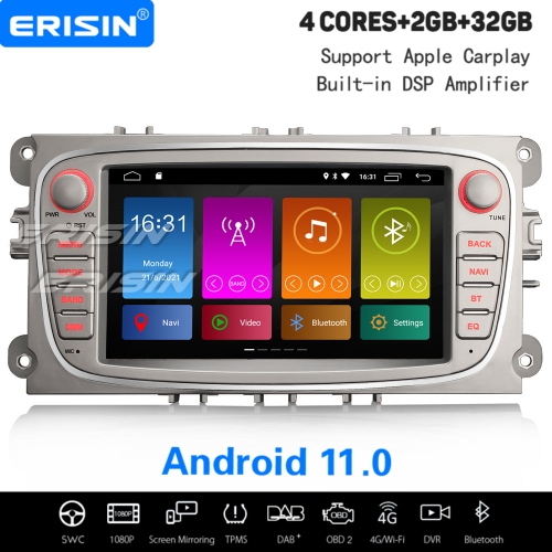 2Go+32Go Android 11 Autoradio DAB+ GPS Navi Pour FORD Mondeo Focus S/C-Max Galaxy CarPlay 4G WiFi DSP TNT OBD2 TPMS DVR A2DP Bluetooth ES3109FS