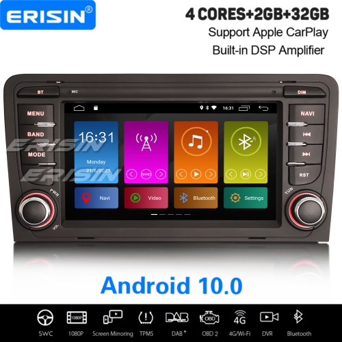 2Go+32Go Android 10 Autoradio DAB+ GPS Navi Pour AUDI A3 (2003-2011) S3 RS3 RNSE-PU Apple CarPlay WiFi 4G DSP OBD2 TNT DVR TPMS A2DP Bluetooth ES3127A