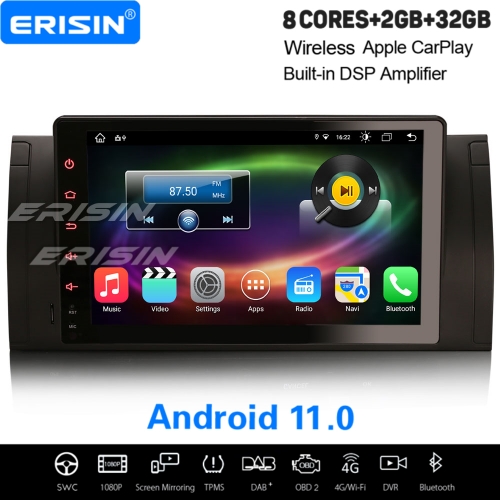 9” 8-Core 32GB Android 11.0 Car Stereo DAB+ Satnav For BMW 5 Série E39 X5 E53 M5 Apple CarPlay&Android Auto WiFi OBD2 TPMS DVR DVB-T Bluetooth ES8693B