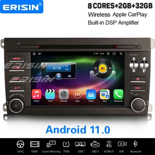8-Core 2GB+32GB Android 11.0 Car Stereo DAB+ Satnav For Porsche Cayenne CarPlay&Android Auto WiFi 4G DSP OBD2 TPMS DVB-T DVR Bluetooth A2DP ES8614P