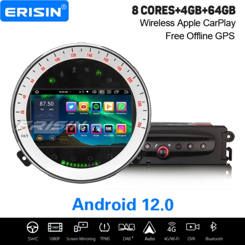 8-Cœur Android 12 4Go+64Go Autoradio DAB+ GPS Navi pour BMW Mini Cooper Apple CarPlay&Android Auto WiFi 4G IPS DSP TNT OBD2 TPMS Bluetooth 5.0 ES8518M