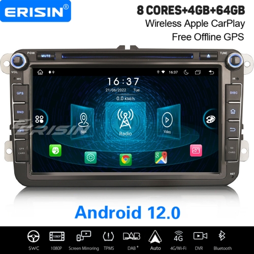 8 inch Android 12.0 IPS 64GB Car Stereo 8-UI CarPlay WiFi 4G OBD2 DAB+ Satnav For VW Jetta Golf 5/6 Passat Tiguan Polo Touran Skoda SEAT ES8915V