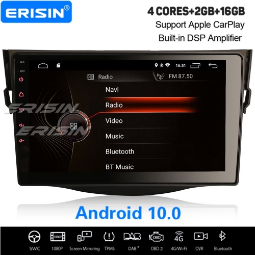 4-Core 9" Android 10.0 CarPlay Navi Autoradio Pour TOYOTA RAV4 2006-2012 DVR DSP TPMS TNT OBD2 SWC Bluetooth DAB+ GPS 2Go RAM + 16Go ROM Erisin ES4298