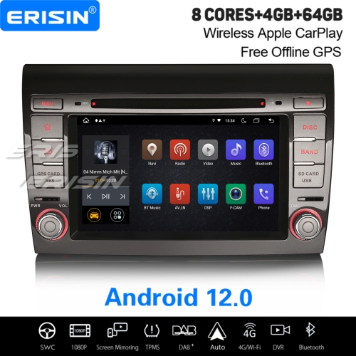 8-Cœur Android 12.0 IPS 64GB Autoradio 8-UI CarPlay&Android Auto WiFi 4G OBD2 TPMS DAB+ Navi pour Fiat Bravo ES8971F