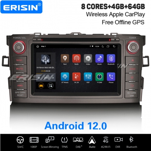 8-Cœurs Android 12.0 DAB+ Autoradio pour TOYOTA AURIS (2007-2012) 4GO+64GO 8-UI CarPlay Android AUTO TNT Canbus DVD SD WiFi 4G OBD2 TPMS Navi ES8904A