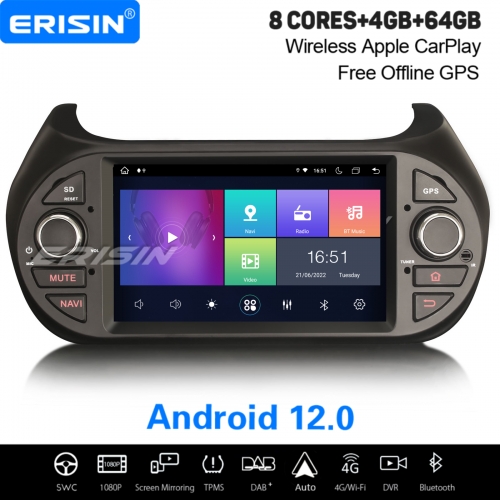 8-Cœur Android 12.0 IPS 4+64Go Autoradio pour Fiat Fiorino/Qubo Citroen Nemo Peugeot Bipper CarPlay WiFi 4G OBD2 Bluetooth TPMS DAB+ Navi 8-UI ES8975F