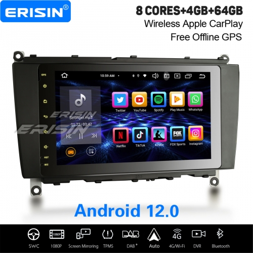 8-Core 4+64GB Android 12.0 Car Stereo DAB+ Satnav For Mercedes Benz CLK-Class W209 CarPlay&Android Auto WiFi OBD2 DVB-T DVR TPMS Bluetooth 5.0 ES8584C