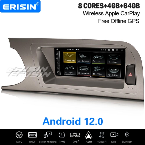 8,8” IPS 8-Cœur 4Go+64Go Android 12.0 Autoradio DAB+ GPS Navigation pour Audi A4 Apple CarPlay&Android Auto TPMS DVR WiFi USB Bluetooth 5.0 ES3804AL