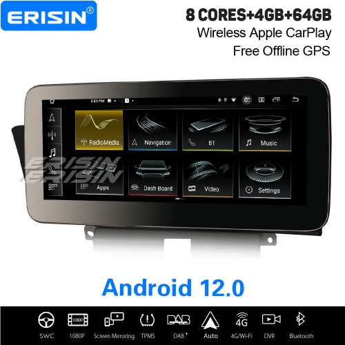 10.25” IPS 8-Core 4GB+64GB Android 12 Car Stereo DAB+ Satnav Radio For Audi A4/A5/B8/S4/S5 Apple CarPlay&Android Auto WiFi USB Bluetooth 5.0 ES3874HL