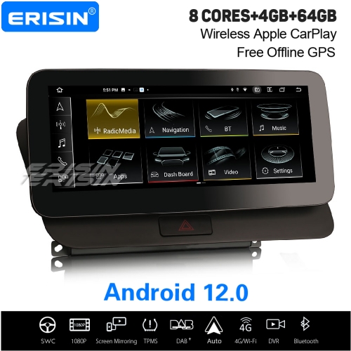 10.25” IPS 8-Core 4GB+64GB Android 12.0 Car Stereo DAB+ Satnav For Audi Q5 Wireless Apple CarPlay&Android Auto TPMS DVR WiFi USB Bluetooth5.0 ES3875QL