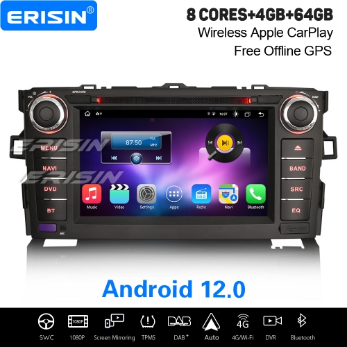 8-Core 4GB+64GB Android 12.0 Autoradio DAB+ Radio Satnav For Toyota AURIS CarPlay&Android Auto WiFi OBD2 TPMS DVB-T DVR SD Bluetooth 5.0 ES8817A