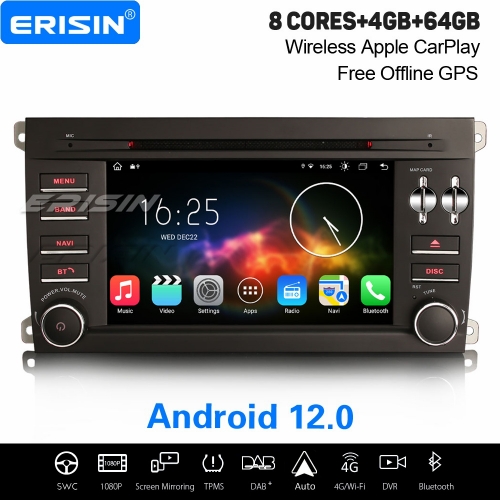 8-Cœur 4Go+64Go Android 12.0 Autoradio DAB+ GPS Navigation pour Porsche Cayenne CarPlay&Android Auto WiFi OBD TPMS TNT DVR SD Bluetooth 5.0 ES8814C